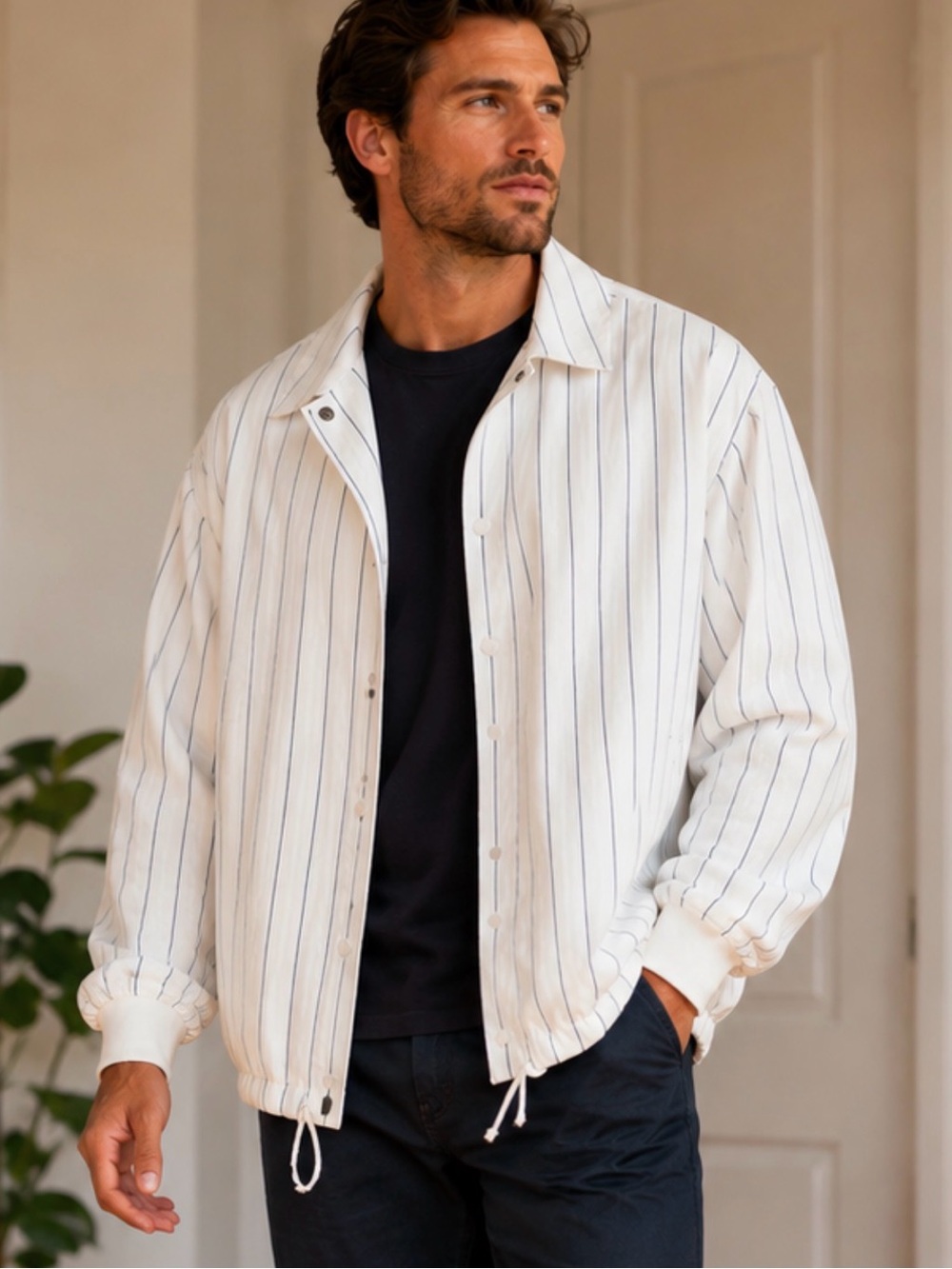 DSG Men’s Large White Pinstripe Snap Front Coach Jacket Mens Jacket Golf Travel